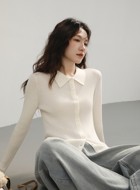 白色POLO领针织开衫女2025新款显瘦内搭48支细绵羊毛打底衫上衣秋
