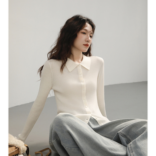 上衣春 显瘦内搭48支细绵羊毛打底衫 白色POLO领针织开衫 女2026新款