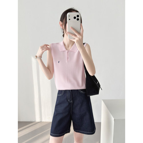 小马标刺绣POLO领无袖针织衫