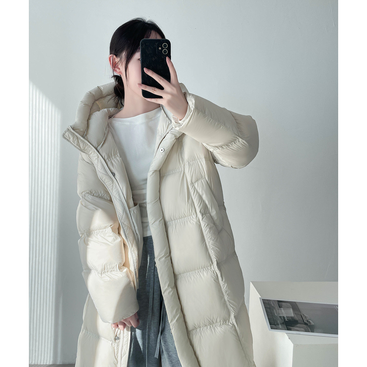 三星95白鹅绒中长款羽绒服女