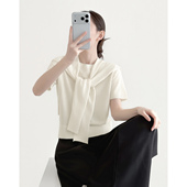 米白色圆领针织短袖 T恤女2026春夏高级感薄款 羊毛上衣披肩两件套