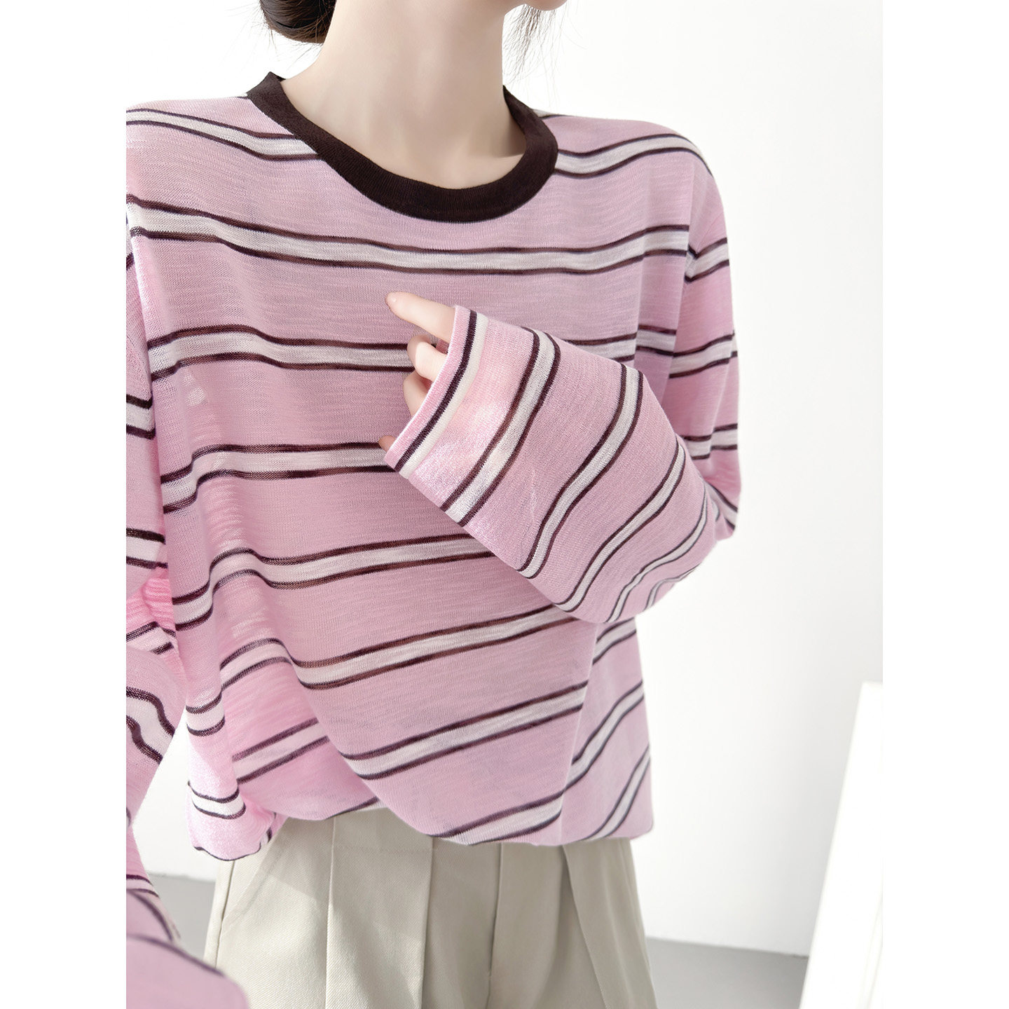 粉色撞色条纹针织长袖T恤女薄宽松慵懒风垂坠感冰丝防晒罩衫上衣