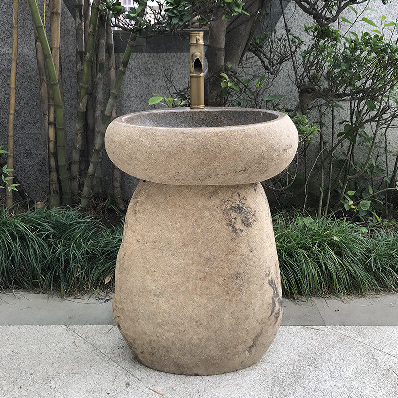 户外新款石头洗脸盆庭院天然石立柱盆花园别墅水池室外复古怀旧
