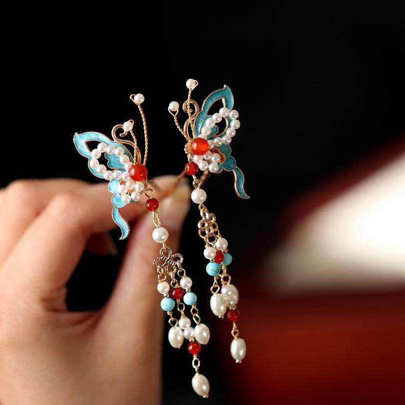 蝴蝶流苏发钗烧蓝发簪简约现代