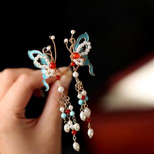 发簪流苏发钗烧蓝蝴蝶儿童短小簪子丸子头汉服新年款改良旗袍配饰