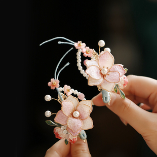 粉色花朵发夹头饰气质小众高级感发饰旗袍配饰对夹汉服宋制 新中式