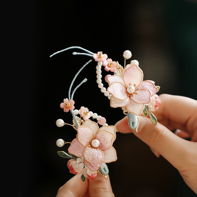 新中式粉色花朵发夹头饰气质宋制
