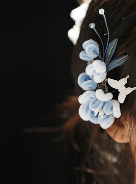 唐风汉服发夹仿绒花发簪蓝色花朵发饰女中国风头饰菊花装饰新中式
