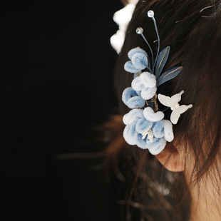 唐风汉服发夹仿绒花发簪蓝色花朵发饰女中国风头饰菊花装饰新中式