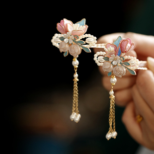 宋制小花簪古风花朵流苏步摇发簪女优雅超仙发饰粉蓝色国风U发钗