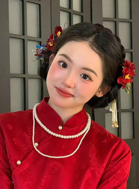 甜美新中式红色花朵流苏发簪女结婚头饰晨袍配饰簪子新年头饰橙色