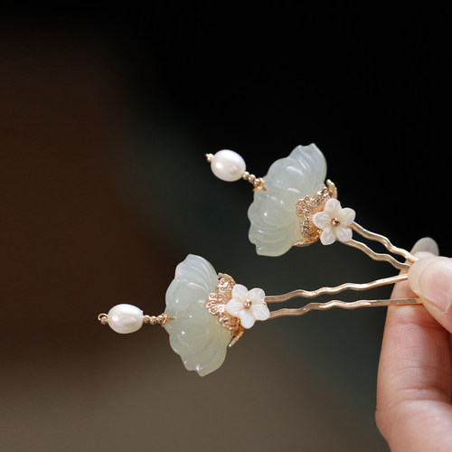 新中式莲花发钗汉服盘发简约日常
