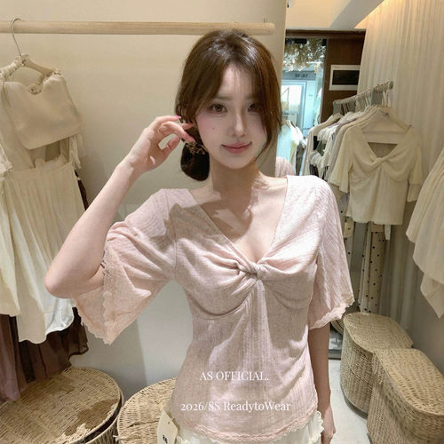 AS OFFICIAL夏装法式纯欲风修身显瘦蕾丝边V领纽结短袖小衫28593