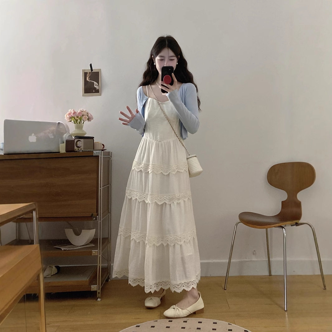 微胖大码吊带连衣裙女春夏蕾丝边公主蛋糕裙蓝色针织开衫两件套裙
