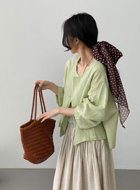 那末 轻氧一夏 韩系天丝麻清新排扣长袖衬衣女轻薄透气上衣E2762