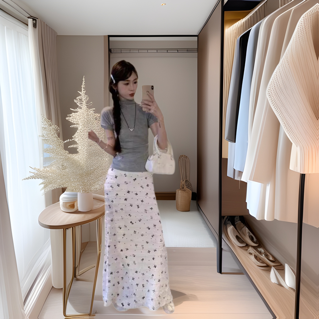 150小矮个子温柔风蕾丝碎花半身裙女夏蝴蝶结包臀鱼尾裙a字中长款