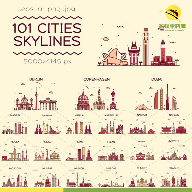 线性世界中国美国日本韩国加拿大国家地标志性建筑AI矢量设计素材