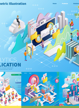 2.5D等距3D立体icloud云端储存备份服务数据库场景插画设计素材