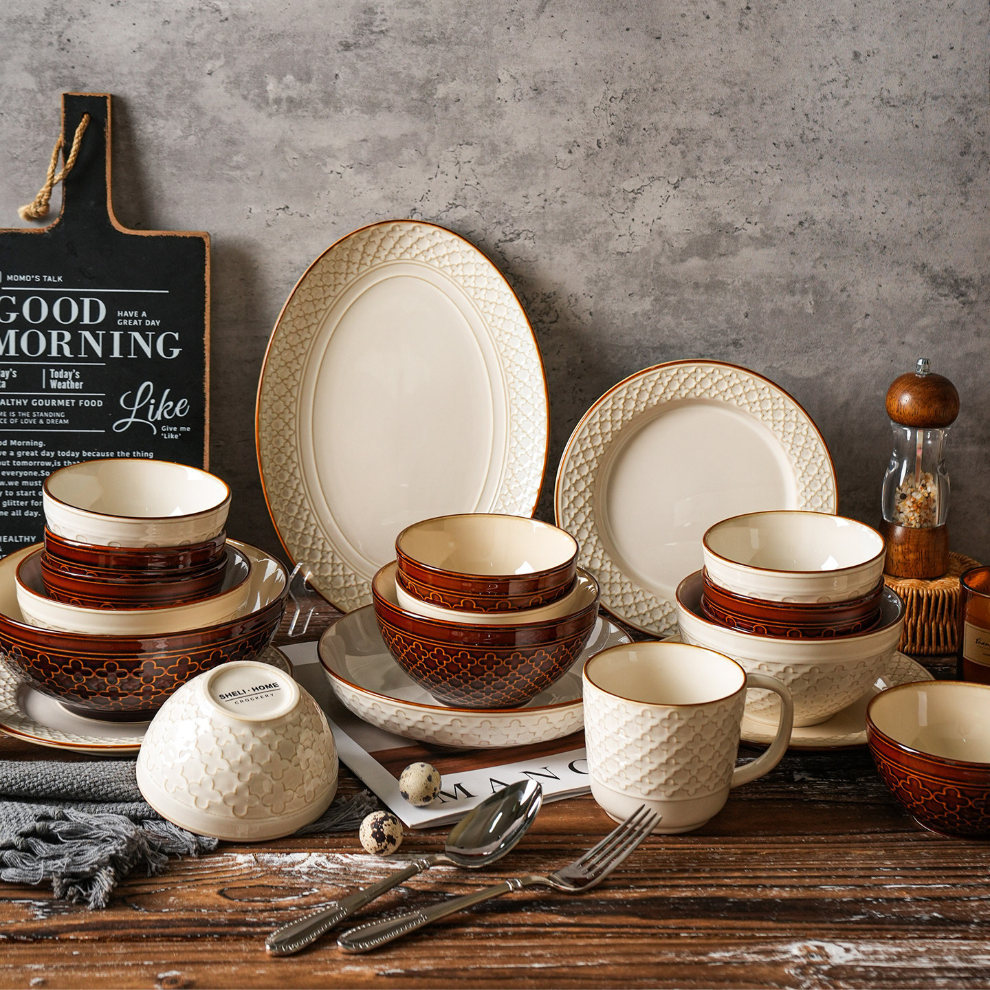 舍里复古陶瓷碗碟套装家用窑变餐具碗盘组合高级感乔迁新居礼物