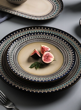 舍里复古陶瓷碗盘家用个性汤碗饭碗盘子西餐盘牛排盘碗碟餐具套装