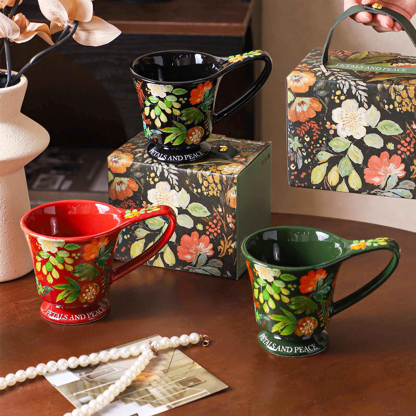 舍里复古花卉陶瓷马克杯家用设计感水杯咖啡杯精致伴手礼情侣对杯