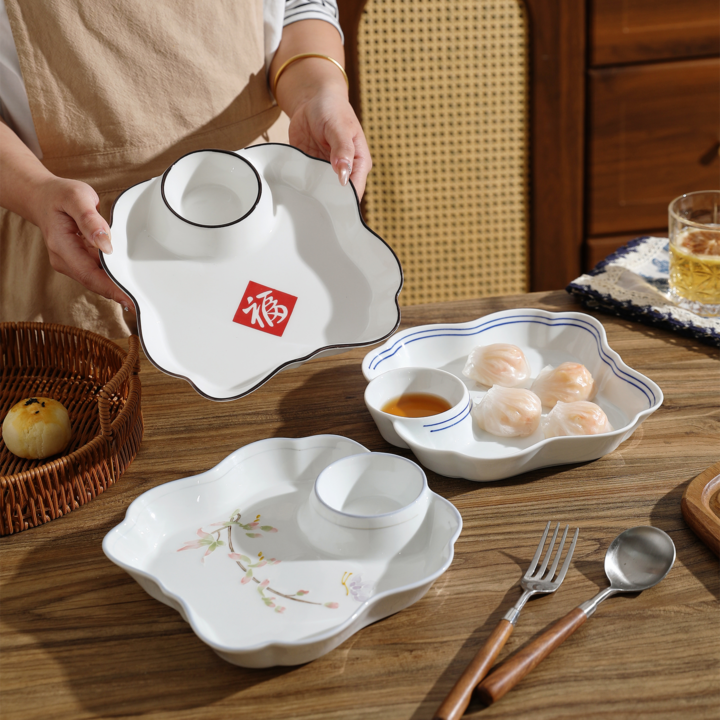 舍里创意分格餐盘饺子蘸料盘子