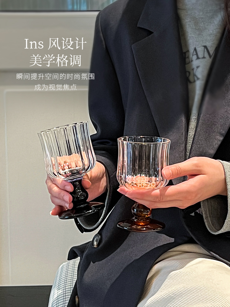 舍里中古风高脚玻璃杯覆古红酒杯果汁杯香槟杯葡萄酒杯ins饮品杯