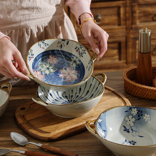 舍里复古陶瓷双耳碗家用釉下彩大号汤碗拉面碗大容量螺蛳粉泡面碗