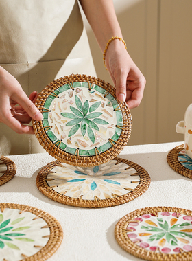 舍里藤编贝壳隔热垫餐桌防烫垫子手工精致锅垫碗垫杯垫耐高温餐垫