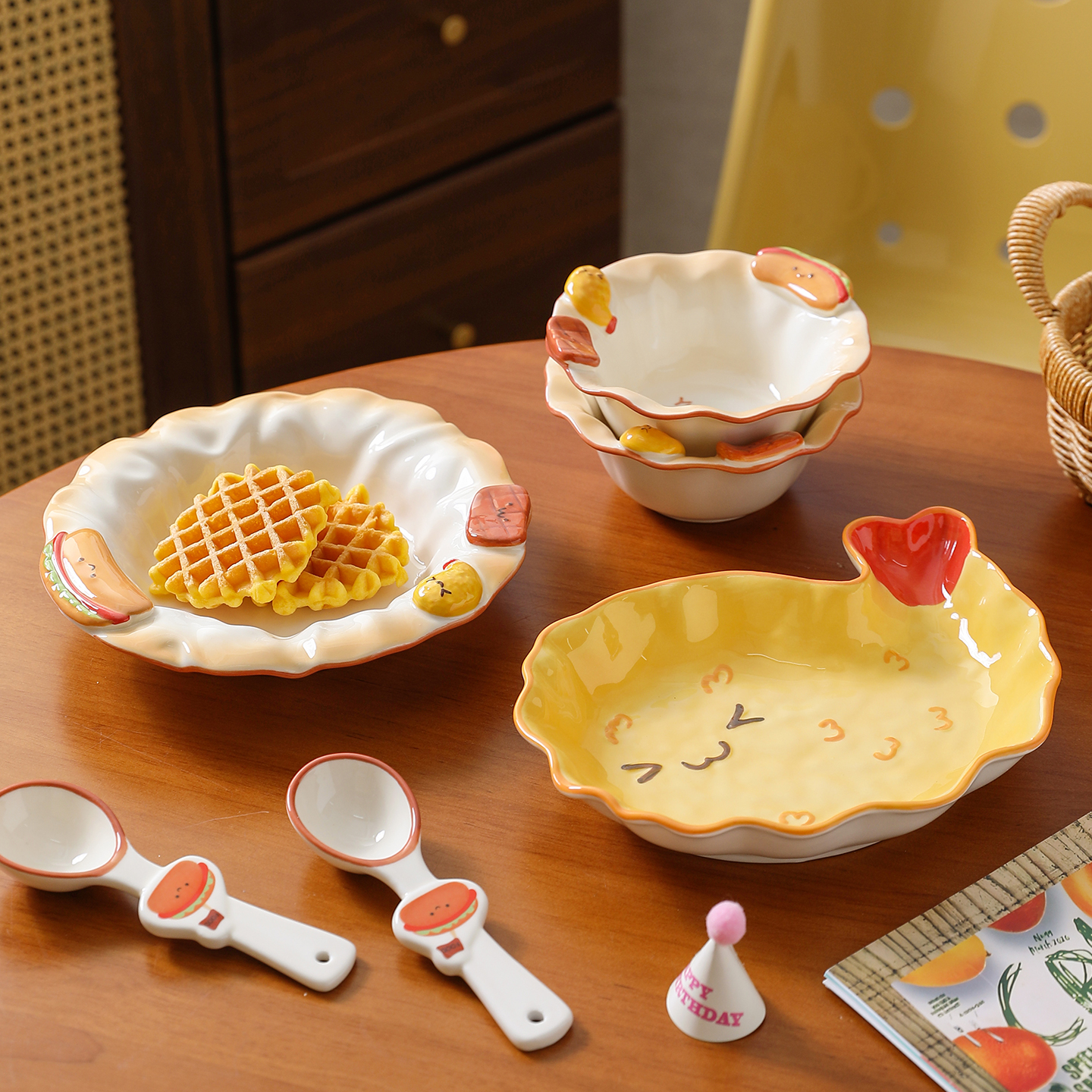 舍里可爱陶瓷米饭碗家用卡通餐具套装创意碗盘碟子面碗沙拉碗深盘