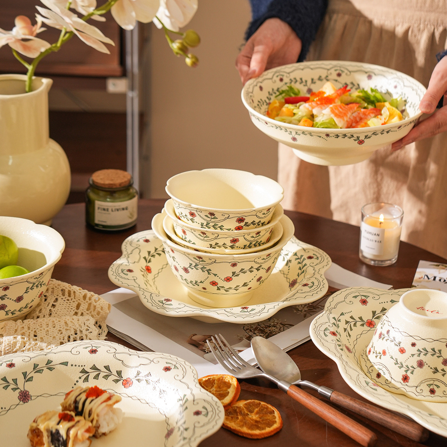 舍里复古田园风陶瓷碗碟套装家用轻奢餐具高级感米饭碗菜盘鱼盘,餐饮具,碗,淘宝优惠券,粉丝福利购,淘宝优惠卷