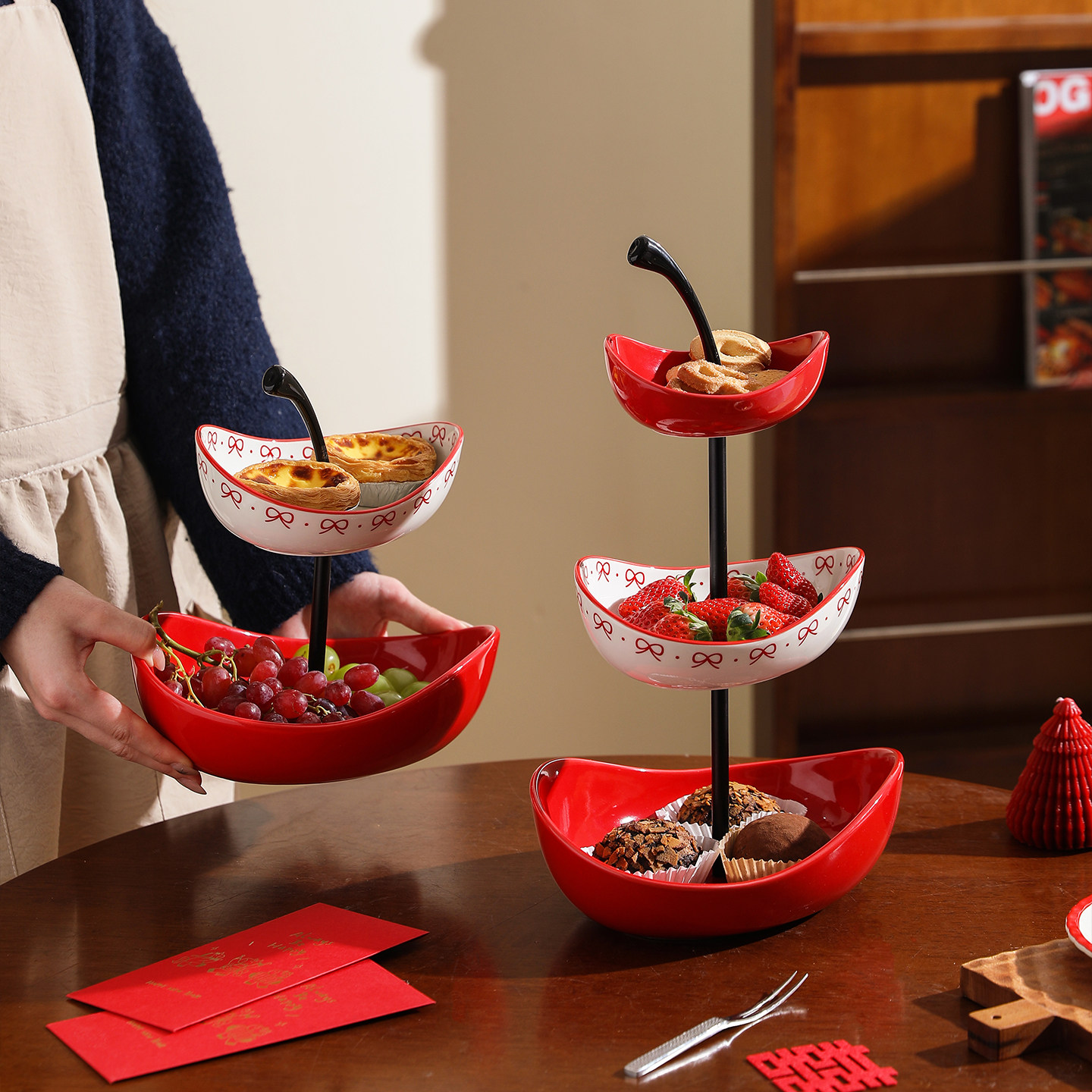 舍里红色多层轻奢高级感果盘家用干果盒客厅茶几糖果盒零食收纳盘,餐饮具,果盆/果盘/果篮,淘宝优惠券,粉丝福利购,淘宝优惠卷