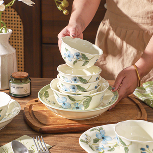 舍里小清新花边饭碗特别好看的米饭碗家用碗碟套装菜盘餐盘大汤碗