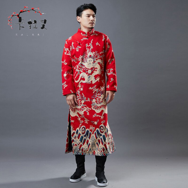 WINTER DRAGON PATTERN THICKENED ROBE CHINESE TANG STYLE MENS REPUBLIC OF CHINA STYLE MENS CHEONGSAM ANCIENT COSTUMES VELVET WARM ROBES