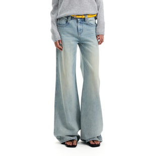 女低腰宽松休闲阔腿长裤 复古浅蓝纯棉做旧直筒牛仔裤 Life Still