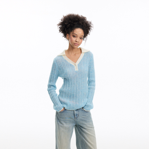 马海毛撞色条纹Polo领针织衫