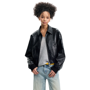 复古风机车皮衣PU皮夹克外套女上衣 翻领拉链收腰短款 Still Life