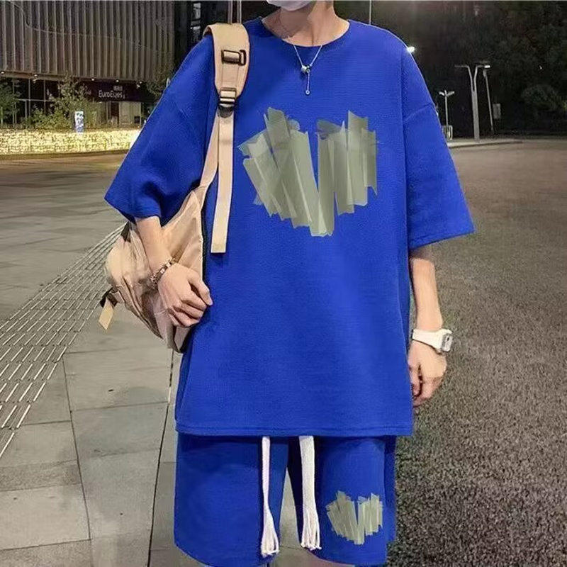 2023夏季新款华夫格运动套装男一套搭配帅气薄款短袖短裤两件套潮