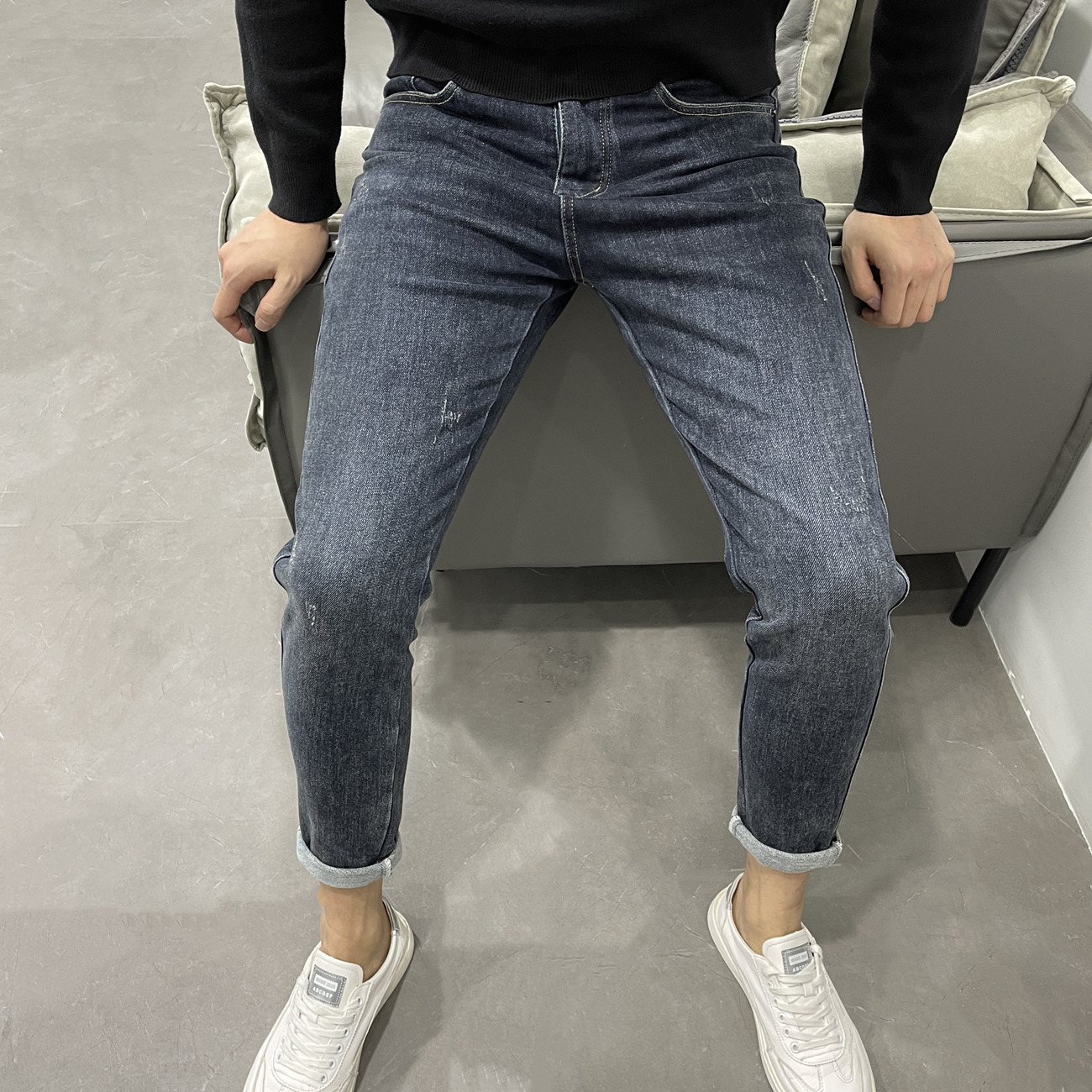 潮牌蓝灰色微跨修身小脚薄绒保暖牛仔裤男士冬款百搭弹力流行长裤