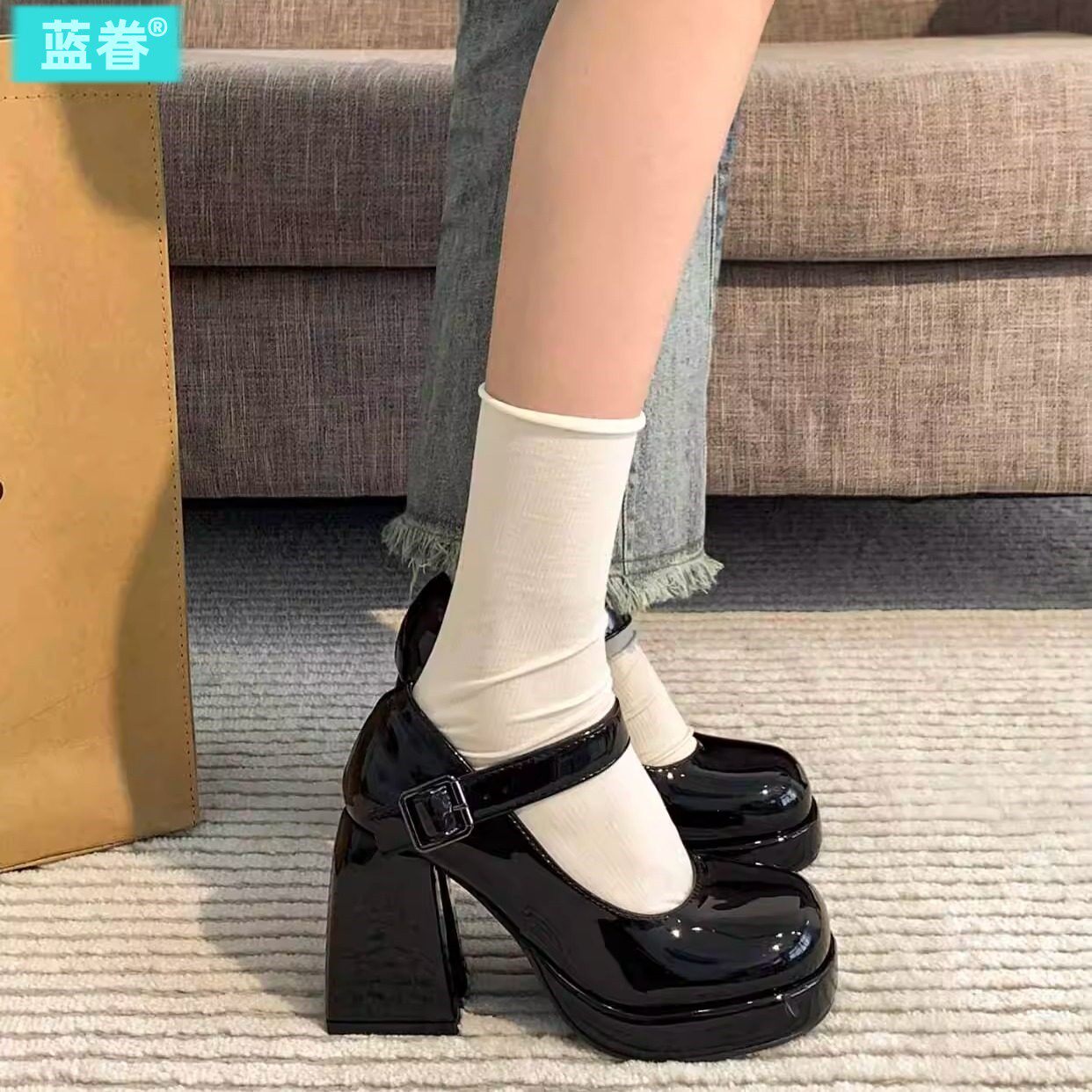 ins~粗跟玛丽珍鞋女圆头2026新年日系学生jk制服小皮鞋黑色高跟鞋