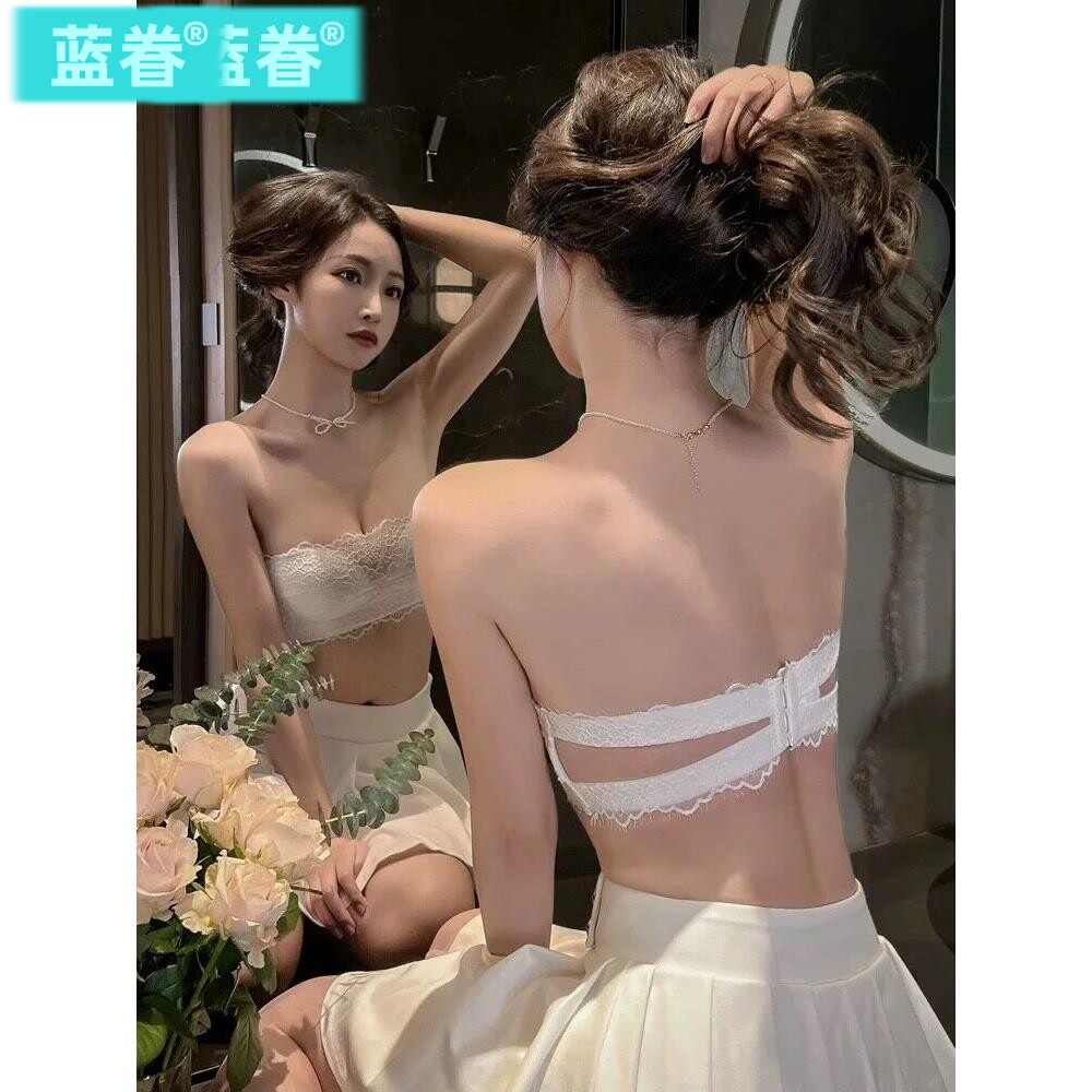 无肩带聚拢美背内衣女防滑抹胸式蕾丝文胸聚拢加厚小胸罩隐形婚纱