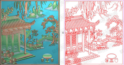 精雕图灰度图浮雕图精品山水房子柳树松石桌背板门板277x308新款
