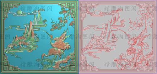 精雕图灰度浮雕图松鹤山水祥云太阳仙鹤延年门板背板后板364x345