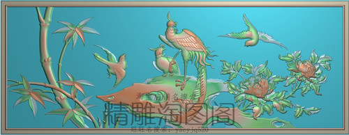 牡丹花鸟精雕图灰度图浮雕图精品竹子凤凰牡丹1大背板900x345新款