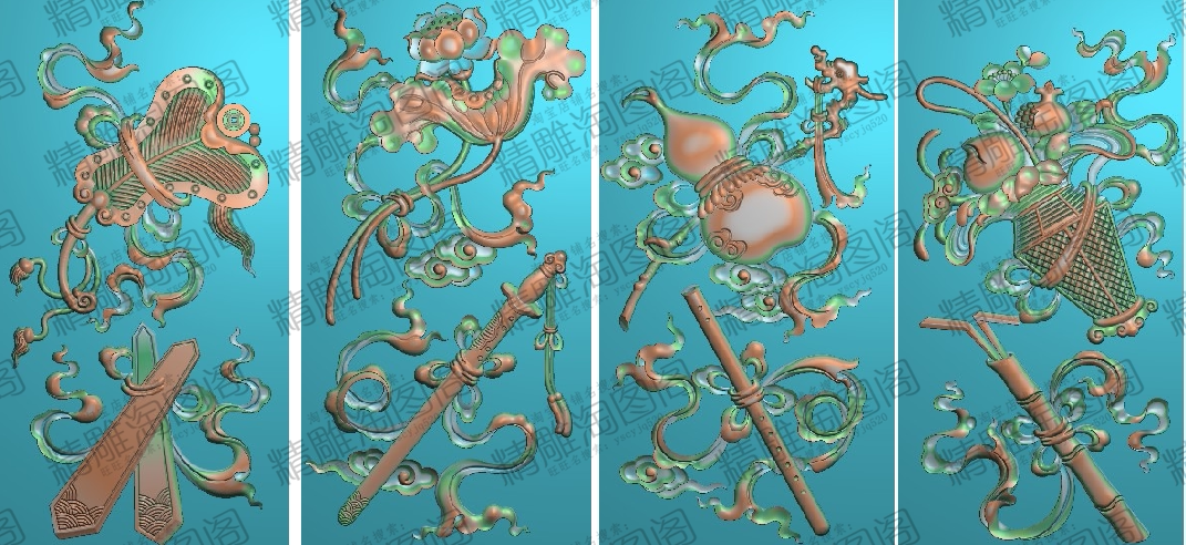 精雕图八宝芭蕉扇板块荷花宝剑葫芦笛子花篮竹筒门板背后板94x188