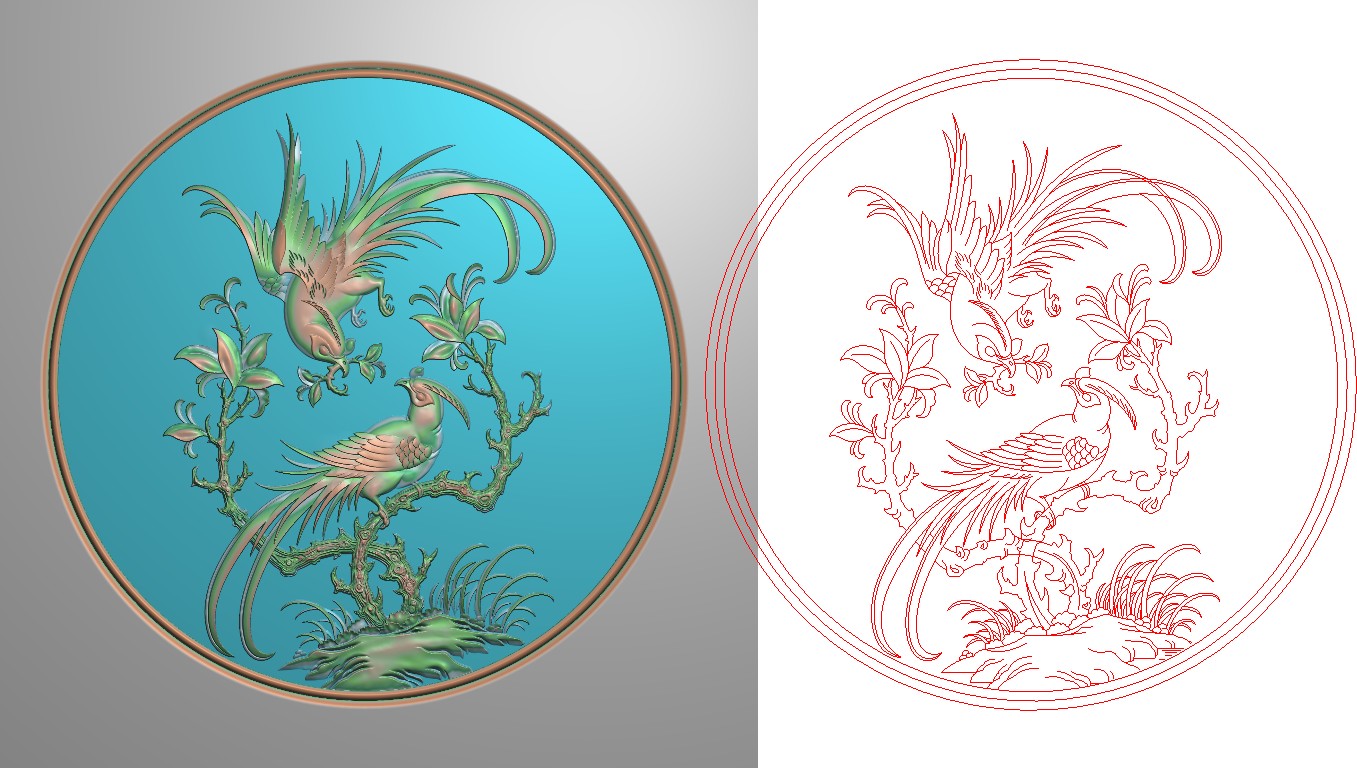 新款精雕图浮雕木雕石雕博古架上花板圆形花鸟枯枝双凤凰门板背板