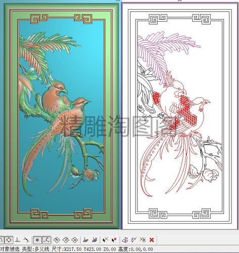 精雕图檀雕花鸟椅背板灰度浮雕图精品霸王花双凤凰门板竖217x423