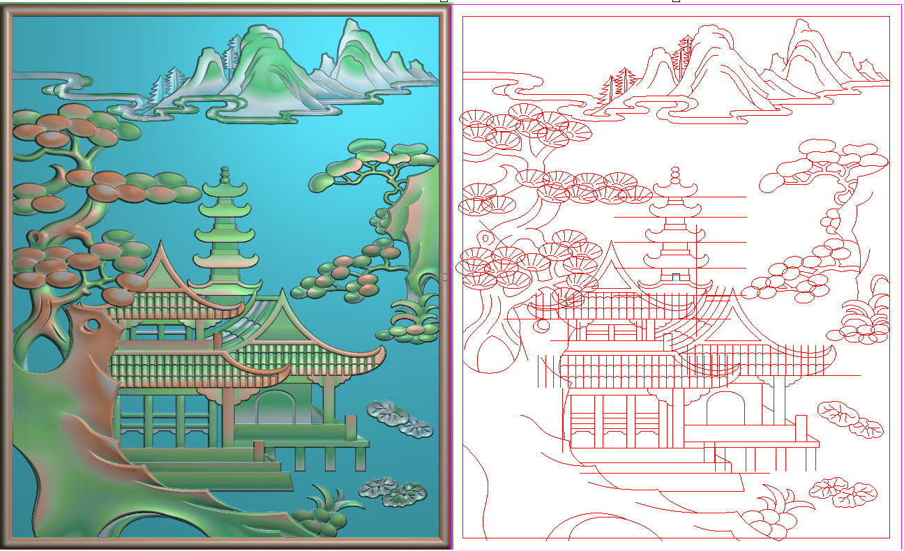 精雕图沙发靠背板宝塔楼阁松树远山山水电视柜门板170x207浮雕图