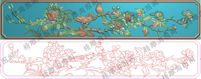 精雕图茶台牡丹花鸟办公台写字台围板横板挡板侧板412x81浮雕图