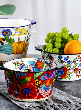 omk美式陶瓷沙拉碗家用防烫双耳汤碗个性餐厅水果碗冰桶手绘餐具